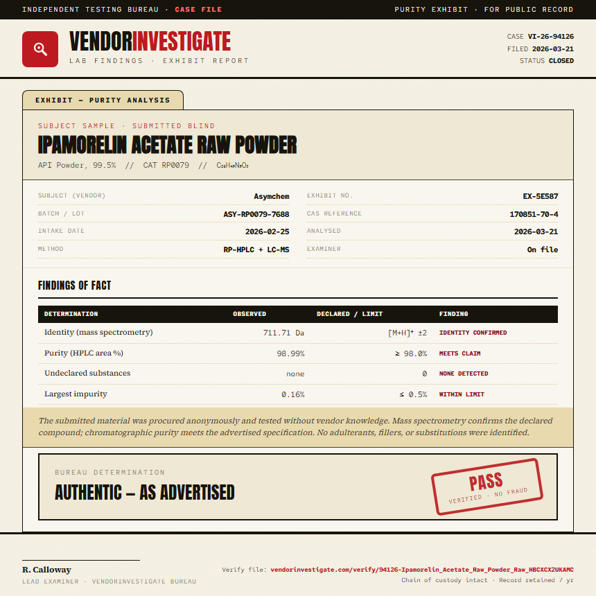 Ipamorelin Acetate Raw Powder Purity (HPLC) report by VendorInvestigate