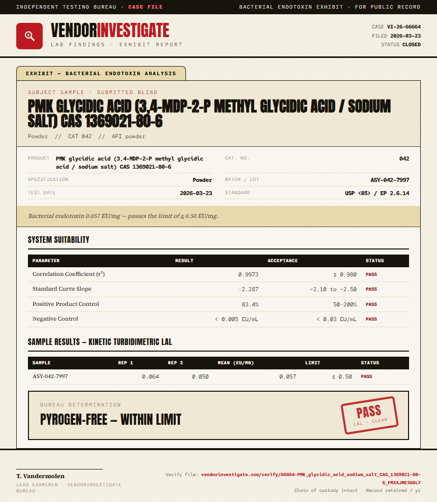 PMK glycidic acid (3,4-MDP-2-P methyl glycidic acid / sodium salt) CAS 1369021-80-6 Endotoxin report by VendorInvestigate