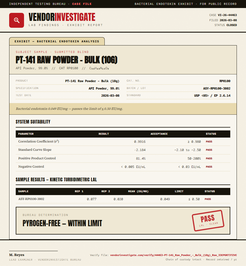 PT-141 Raw Powder - Bulk (10g) Endotoxin report by VendorInvestigate